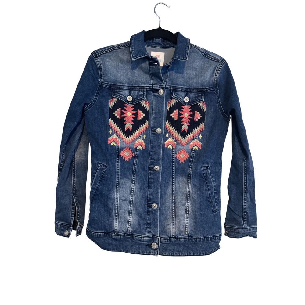 LuLaRoe Jaxon Denim Jacket Medium Wash Southwestern Embroidered Jean Blue Small